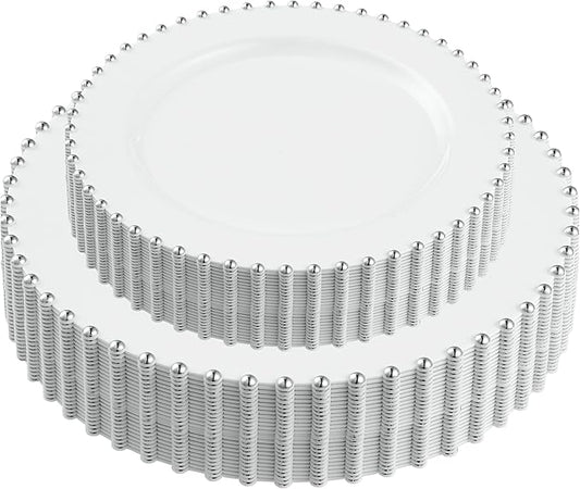 PLASTICPRO 64 Piece Combo Plastic Dinner Plates Disposable Plastic Fancy Heavy Duty Party Dishes 7 inch and 10 inch, White and Silver Beaded