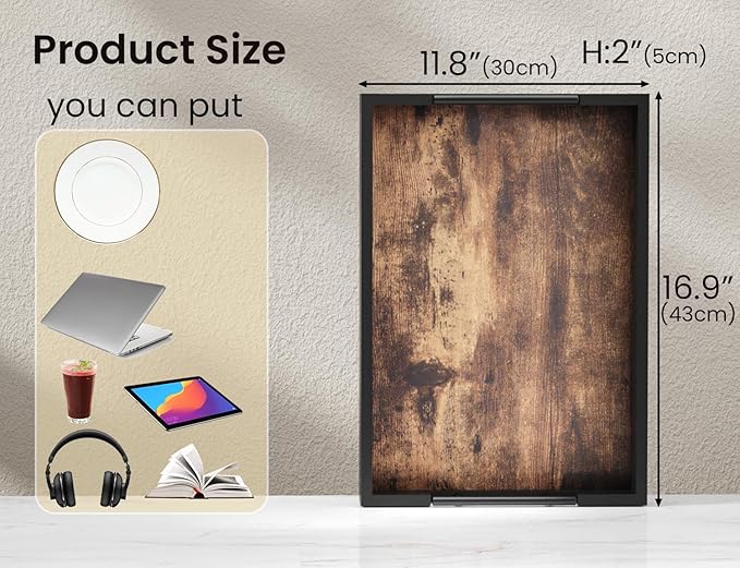 Wooden Serving Tray with Metal Handles,17x12in Ottoman Decorative Trays Platter for Coffee Table,Living Room,Bar,Party,Large