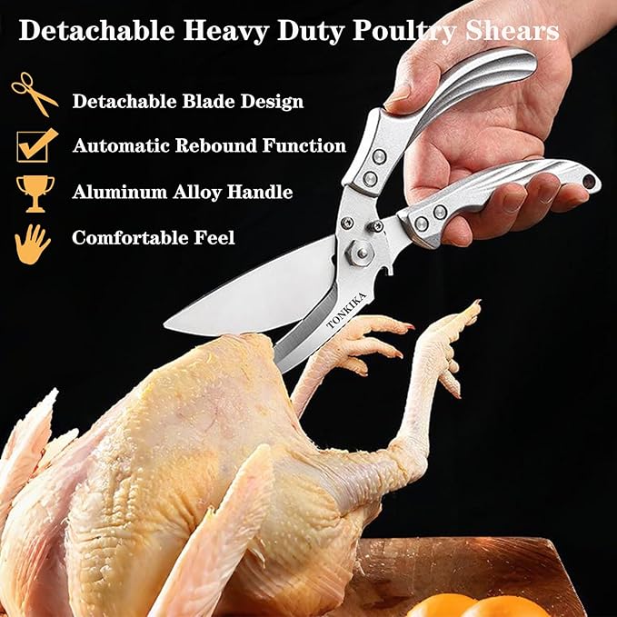 Heavy Duty Kitchen Shears, 2 Pack Detachable Poultry Scissors, Silver Black, Ambidextrous, Dishwasher Safe