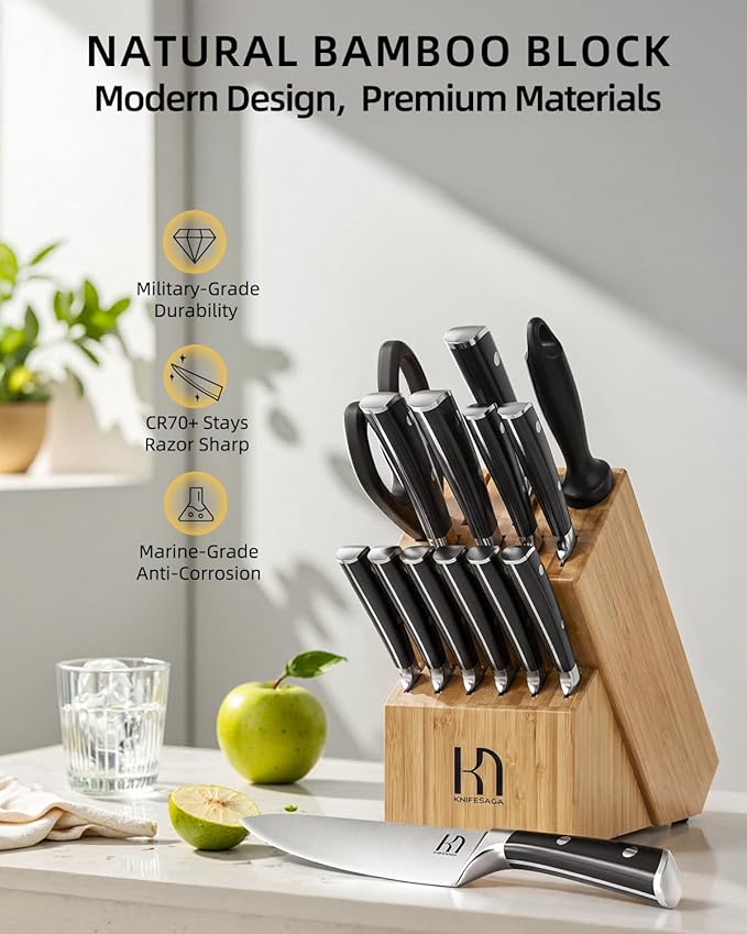 Knife Set 15 Pcs Kitchen Knife Block Set, Enduring Razor-Sharp High Carbon Stainless Steel Knife Set with Block and Sharpener, Premium Knives Set for Kitchen, Natural Bamboo Valentine's Gift