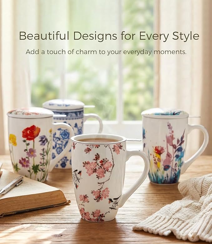 AmorArc Porcelain Tea Mug with Infuser and Lid – 18oz Loose Leaf Tea Cup with Handle, Gift for Tea Lovers (Men & Women)