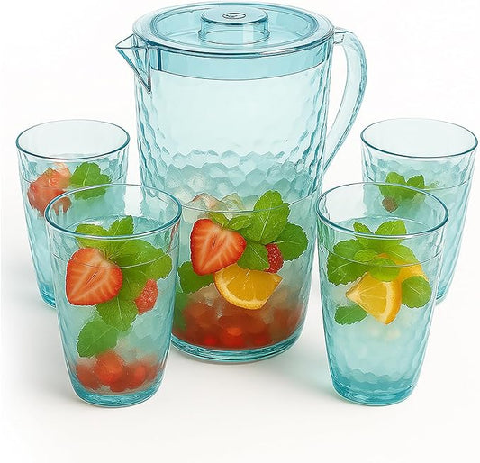 84 oz Crystal-Clear Pitcher with 4 Tumblers Set, BPA-Free Food-Grade Jug with 3-Position Lid & Spout – Large Beverage Pitcher for Party, Iced Tea, Lemonade, Sangria, Fridge – Aqua Blue