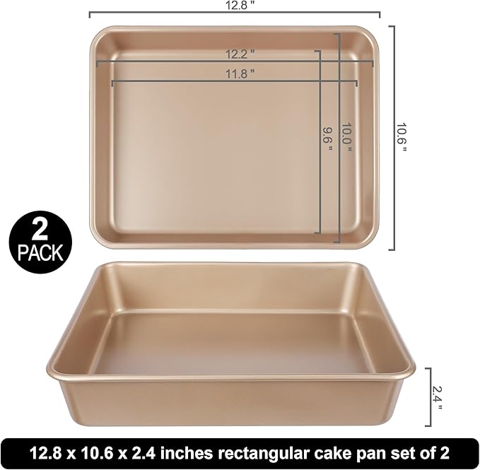 Baking Pan Set of 2, 12.5’’ X 10’’ X 2.4’’ Nonstick Sheet Cake Pan for Christmas Thanksgiving, Durable Cookie Sheets for Baking Lasagna Deep-Dish Pizza Brownies Casseroles, Rose Gold & Easy to Clean