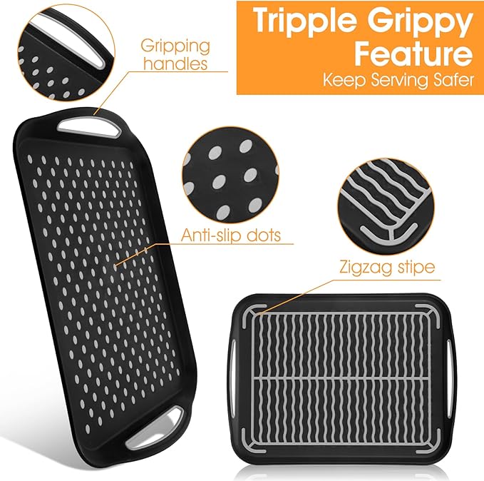 2Pcs Large Nonslip Serving Tray with Handles, Silicone Grippy Dots Lap Trays for Eating on Couch, Serving Trays for Snack Fruit Dessert Breakfast Drink, Dishwasher Rectangular