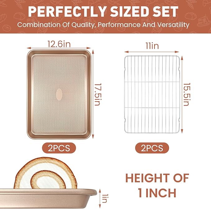 4 Piece Baking Set, 2 Piece 17'' Baking Sheet Set and 2 Piece Cooling Racks Combo, Non-Stick Cookie Sheet with Food Cooling Rack, Heavy Duty & Warp Resistant, No Rust Large Baking Pan