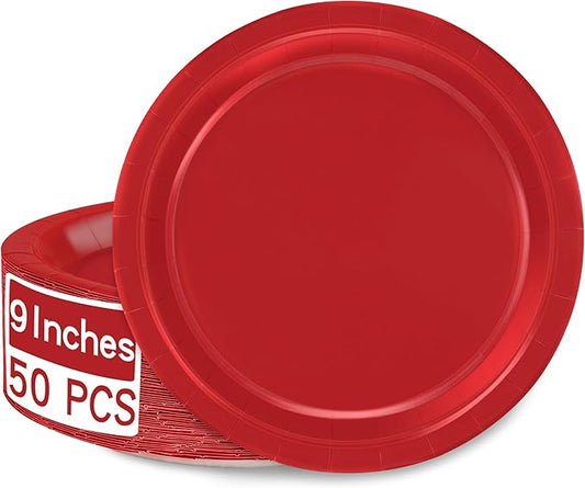 QZYL 50 PCS Paper Plates, Red Heavy Duty Party Plates, Round 9 Inches Disposable Paper Dinner Plates, Everyday Use Plates Set for Daily Meals Wedding Christmas Picnic Supplies