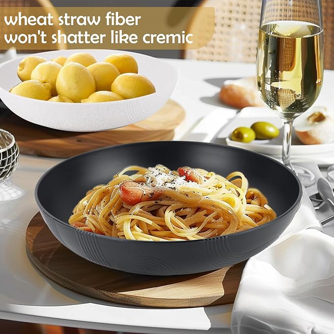 Wrova Wheat Straw Salad Bowls,65oz Unbreakable Wide and Shallow Dinner Bowls Set of 2,Microwave Safe Reusable Plastic Salad Bowls for Kids, Adults,Salad,Camping,RV.Black and White