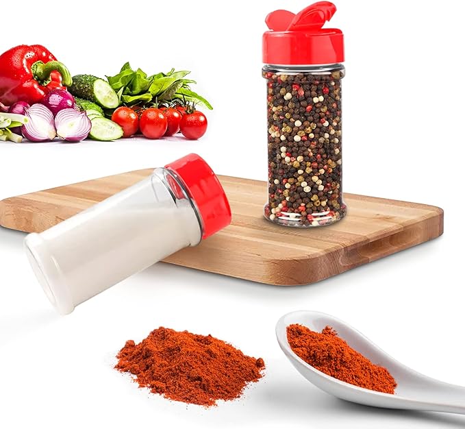 RoyalHouse 12 Pack 5.5 Oz Plastic Spice Jars with Red Cap, Clear and Safe Plastic Bottle Containers with Shaker Lids for Storing Spice, Herbs and Seasoning Powders, BPA Free, Made in USA