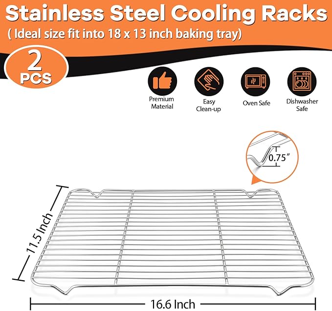 P&P CHEF Cooling Baking Rack Pack of 2, 16.6" x 11.5", Stainless Steel Cooling Racks for Cooking Baking Roasting Grilling Drying, Dense Wires & Smooth Edge, Easy to Clean, Silver