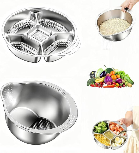 Rice Washer Strainer Bowl with Vegetable Divider Tray, Stainless Steel Rinser Washing Bowl, Small Colander Rice Strainer Versatile Kitchen Tool for Quinoa, Vegetables, Fruits, Beans Cleaning
