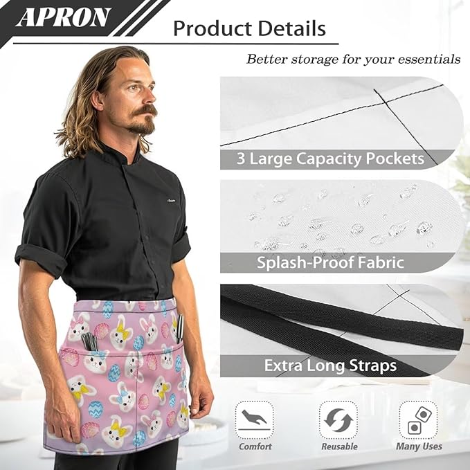 Server Waitress Waist Apron with 3 Pockets, Short Aprons for Servers,Waiter Apron For Waiter Accessories