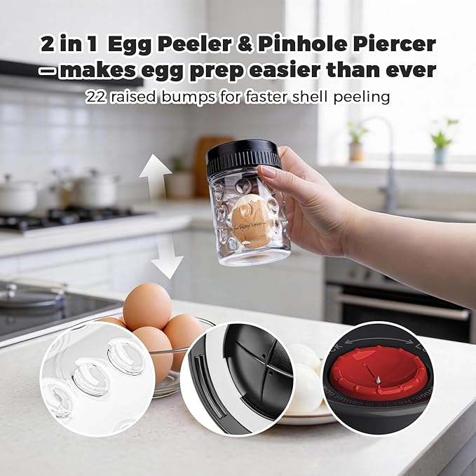 2 in 1 Egg Peeler with Piercer, Hard Boiled Egg Shell Remover Tool with Rotary Lock & Leak-Proof Design, Clear Egg Peeler for Meal Prep, Fitness, Camping & Deviled Eggs, Easy to Use & Clean (Black)