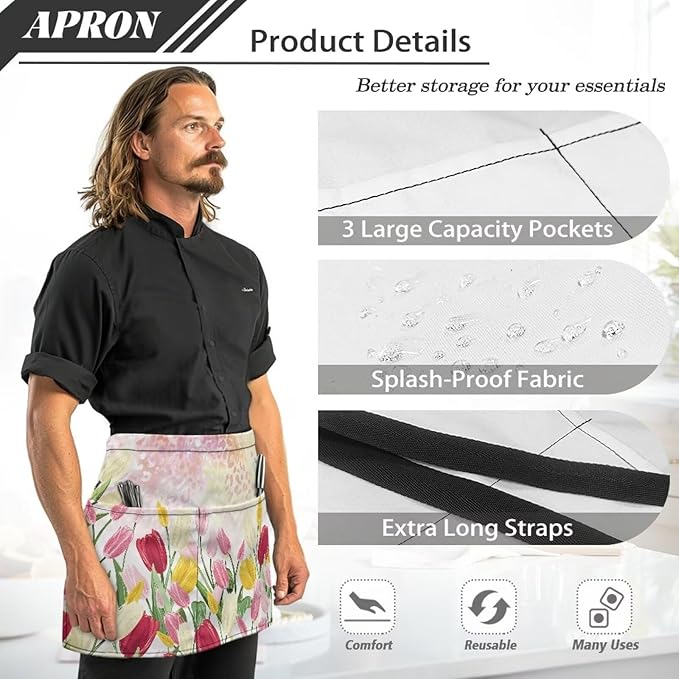 Server Waitress Waist Apron with 3 Pockets, Short Aprons for Servers,Waiter Apron For Waiter Accessories