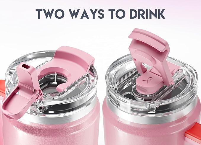 Meoky 40 oz Tumbler with Handle and Straw, Insulated Tumbler with Lid and Straw, Stainless Steel Travel Mug, Keeps Cold for 34 Hours, 100% Leak Proof, Fits in Car Cup Holder (Flamingo)