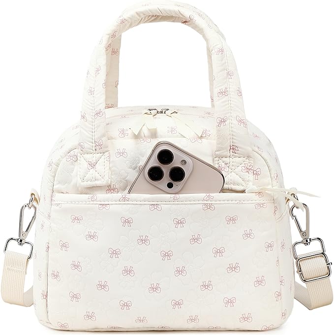 LEDAOU Lunch Box for Women Lunch Bag Insulated Lunch Box with Adjustable Strap Reusable LunchBox for Work School Picnic Travel (Bow-Flower)