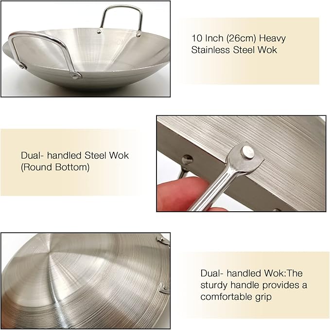 Stainless Steel Wok 10 Inch/ 26cm, Round Bottom Dual- Handled Heavy Wok, Traditional Canton Style Frying Pan Multi- Cooking Wok Stir Fry Pan for Kitchen Restaurant Home (Small)