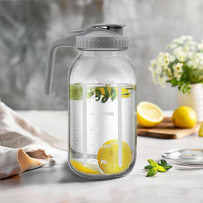 64 Oz Glass Pitcher with Lid 2 Pack, 2 Quart Heavy Duty Breast Milk Pitcher, Thickened Glass, Leak-Proof, Wide Mouth Mason Jar with Pouring Airtight Lid,Ideal for Fridge Storage(pack of 2)