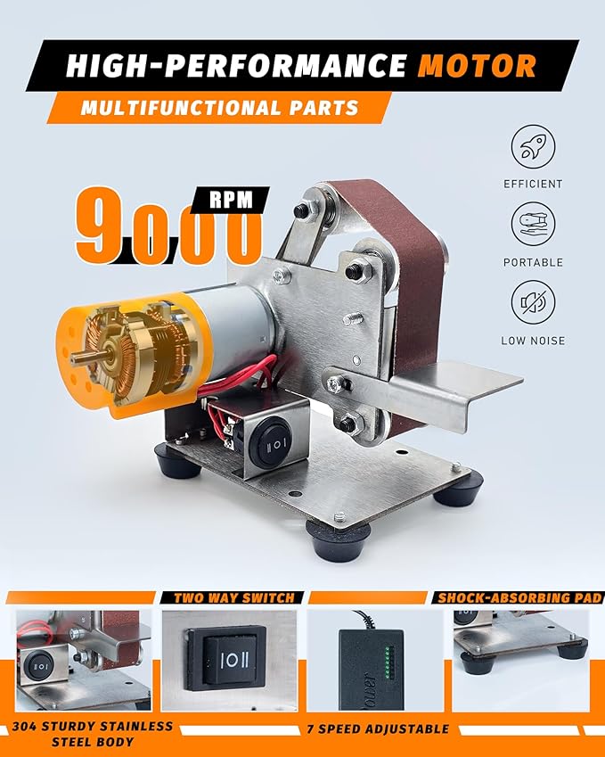 Mini Belt Sander, Electric Small Sander Knife Making Supplies, 7 Adjustable Speed Electric Knife Sharpener, Power Belt Grinder for Woodworking, Metal Working DIY (5'' x 6.8'' x 5.5'')
