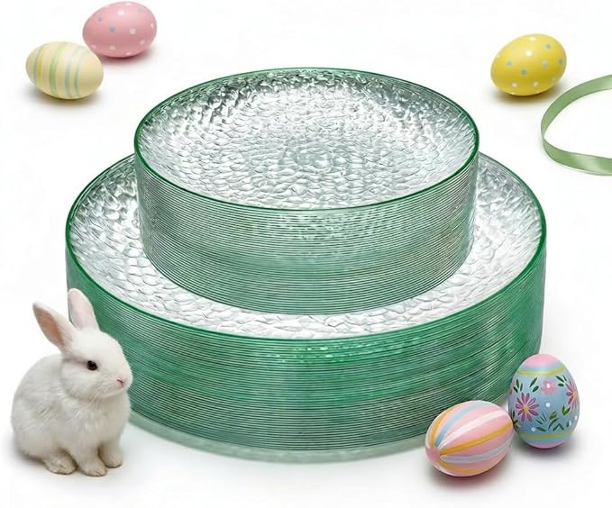 Rubtlamp 60Pcs Easter Plastic Plates Plates, Clear Plastic Disposable Plates With Green Rim, Green Heavy Duty Fancy Hammered Party Plate Include 30 Dinner Platos,30 Salad Platos for Party Spring
