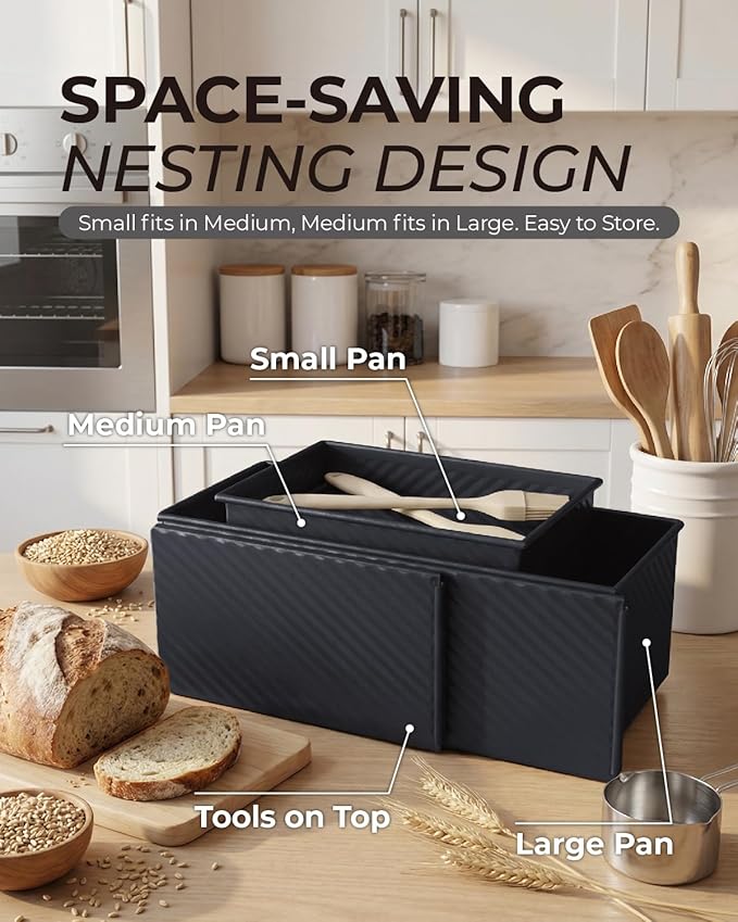 CARTMAN 3-Piece Pullman Loaf Pan with Lid Set – Non-Stick Carbon Steel Bread Pan with Bottom Vents – Includes Large (12.4"), Medium (8.2") & Mini (6.3") Sizes plus Silicone Tools – Classic Black