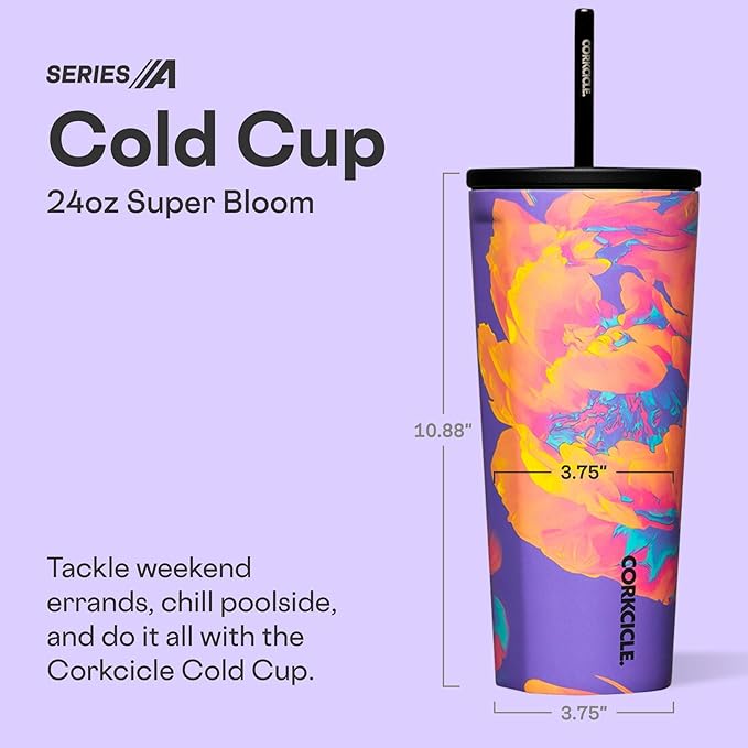 Corkcicle Cold Cup Insulated Tumbler with Straw - Keeps Drinks Cold for 12 Hours - Triple-Insulated Stainless Steel - Leak-Resistant Lid - Summer Drinkware Gift - 24 oz - Super Bloom