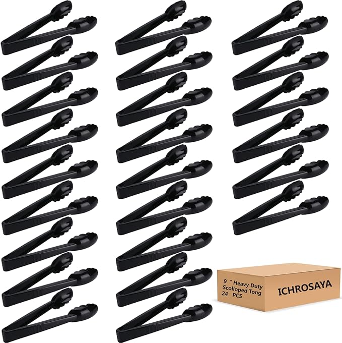 24 Pieces Disposable Serving Tongs, 9" Heavy-Duty Plastic Utensils, BPA-Free, Scalloped Grip Salad Tongs, Perfect for Buffets, BBQ, Parties & Catering, Black