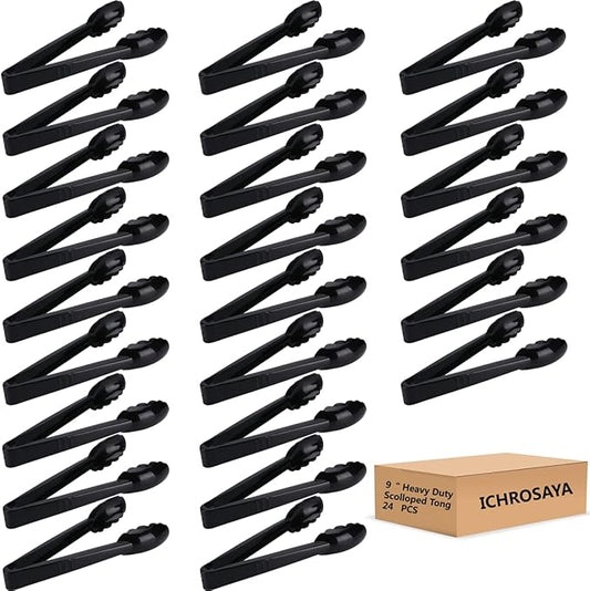 24 Pieces Disposable Serving Tongs, 9" Heavy-Duty Plastic Utensils, BPA-Free, Scalloped Grip Salad Tongs, Perfect for Buffets, BBQ, Parties & Catering, Black
