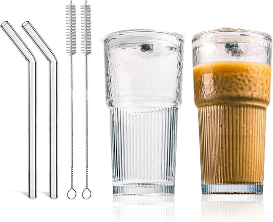 20oz Glass Tumblers with Lids and Straws - Stylish Vintage Ribbed Design for Iced Coffee, Juice, Smoothies, Milkshakes, Cold Beverages & Whiskey Cocktail Beer - Includes Cleaning Brush (2pack-Frosted)