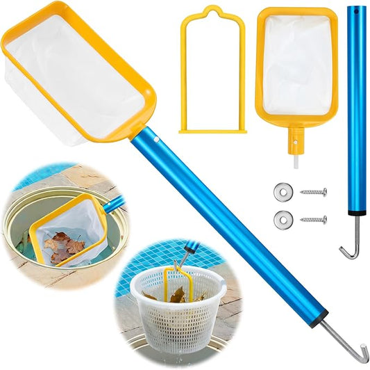 22.5in 2-in-1 Pool Skimmer Tool with Stainless Steel Hook and Detachable Fine Mesh Net, Includes Skimmer Basket Handle, for Above Ground and Inground Pools