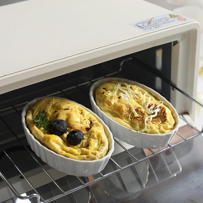 Creme Brulee Ramekins, 6 Pcs Oval Ceramic Baking Dishes, 5.2 Inch Oven Safe Baking Dishes for Souffle, Dessert, Baked Gratins, Prep Bowls for Ingredients, Dipping Sauces - Dishwasher Safe & Stackable