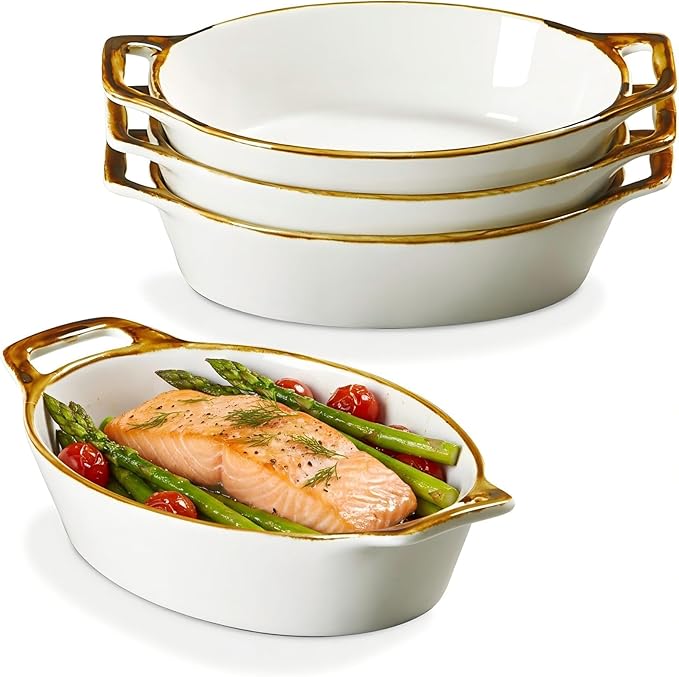 ONEMORE Au Gratin Baking Dish Oval Ceramic White Small Casserole Dish Oven Safe Baking Dishes for Oven Individual Serving Dishes Mini Casserole Dish Set of 4 for Lasagna Quiche, 6x8, 20 oz, Brown Rim