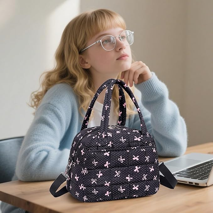 LEDAOU Lunch Box for Women Lunch bag Quilted Puffer Lunch Box Insulated Reusable LunchBox for Work School Picnic Travel (Pink Bow - Black)