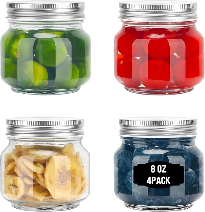 Glass Mason Jars, 4 Pack 8oz Clear Small Canning Jars with Lids for Sealing, Ideal for Food Storage, Snacks, Candies, Jam, Honey, Wedding Favors, Premium Spices & Bathroom Vanity Decor