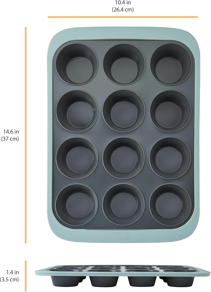 Chicago Metallic 12-Cup Silicone Muffin Pan, Nonstick Bakeware with Wire-Reinforced Rim, BPA-Free Food-Grade Silicone, Oven Safe to 428°F, Dishwasher Safe, Easy Cupcake Release