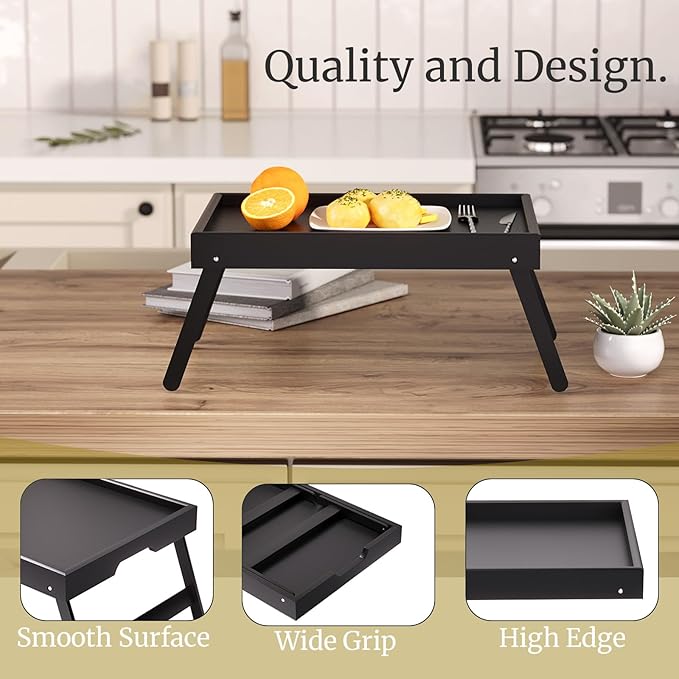 3 Pack Bamboo Bed Tray Table with Folding Legs,Breakfast Trays,Serving Tray,Laptop Tray for Working,Food Snack Tray for Bed and Sofa(Black)