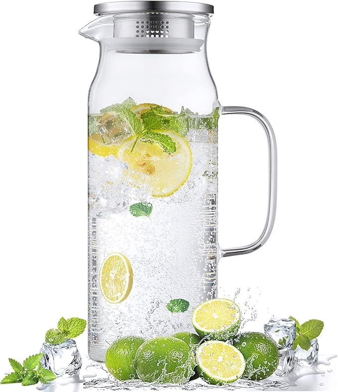 Bivvclaz 1.6 Liter 54 oz Glass Pitcher with Lid and Handle, Glass Carafe Water Pitcher for Hot/Cold Water, Iced Tea, Drinks, Coffee, Juice and Homemade Beverage