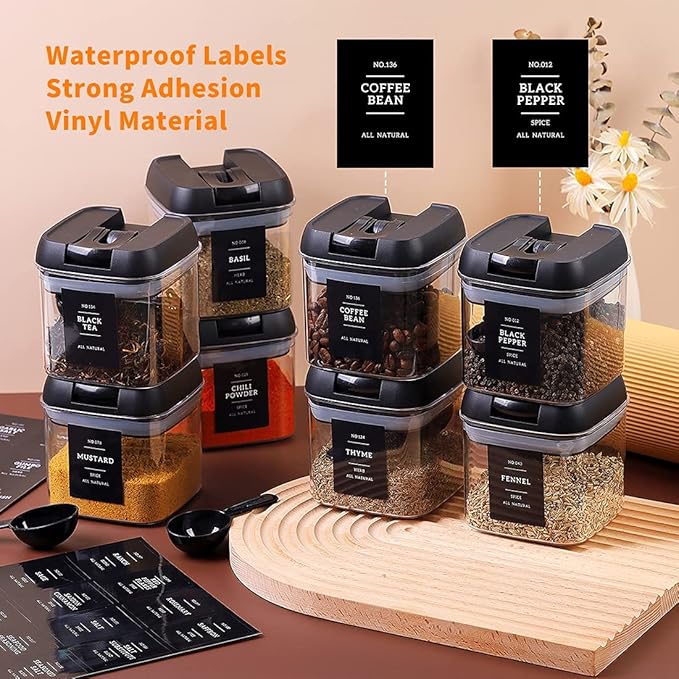 Spice Containers with Labels, 9 Pcs 16 Fl Oz Large Plastic Tea Storage Containers with 148 Spice Labels and 9 Spoons, Square Airtight Seasoning Containers Set with black Lids for Kitchen Pantry Coffee