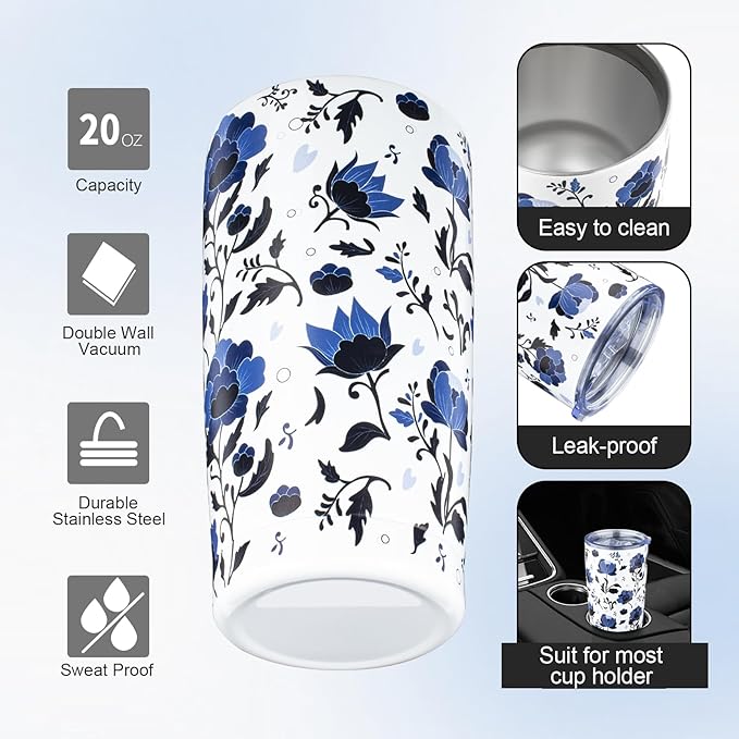 20oz Tumbler with Lid and Straw Double Wall Powder Coated Vacuum Insulated Coffee Tumbler Stainless Steel Travel Coffee Mug Spill-Proof Thermal Cup for Hot and Cold Beverage,Blue and White Porcelain