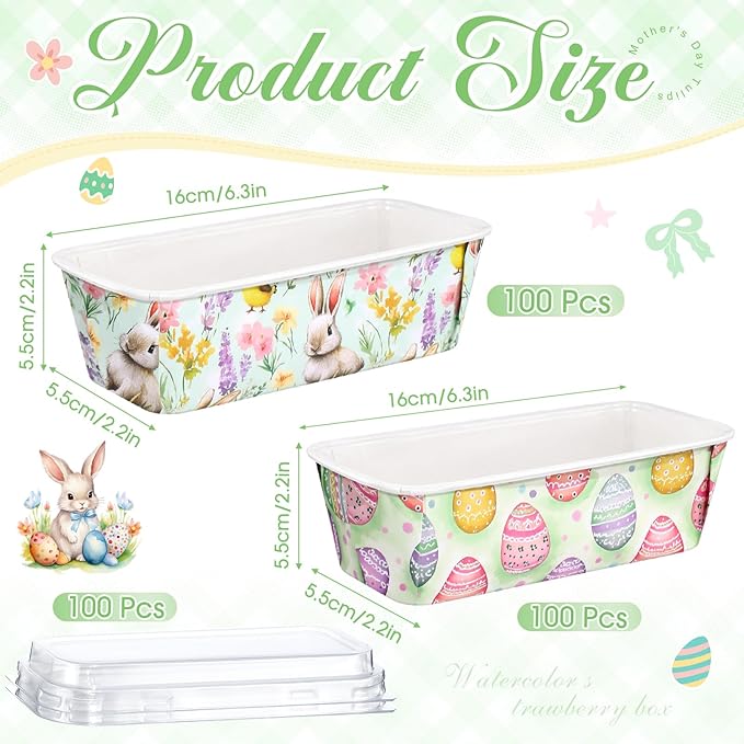 LemonRoad 100 Pcs Easter Mini Loaf Pans with Lids 6.3 x 2.2 x 2.2 Inch Disposable Paper Baking Pans Bulk, Easter Baby Shower Baking Party Supplies for Cake Bread Oven Bakery