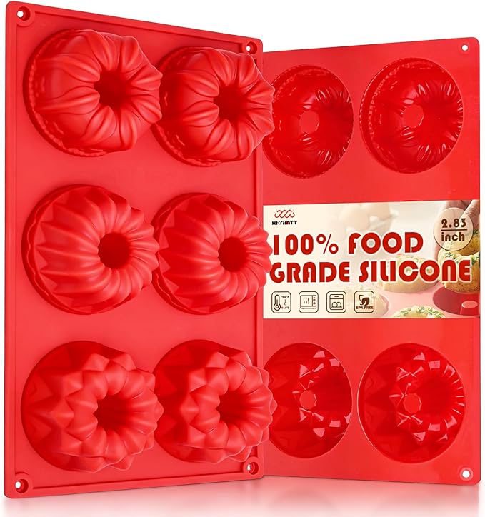 HKMTT Small Silicone Bundt Pan, Mini Fluted Tube Rum Cake Baking Molds, 6 Cavities 2 Pack 3 Shaped BPA Free Oven Safe Food Grade Non Stick Moulds