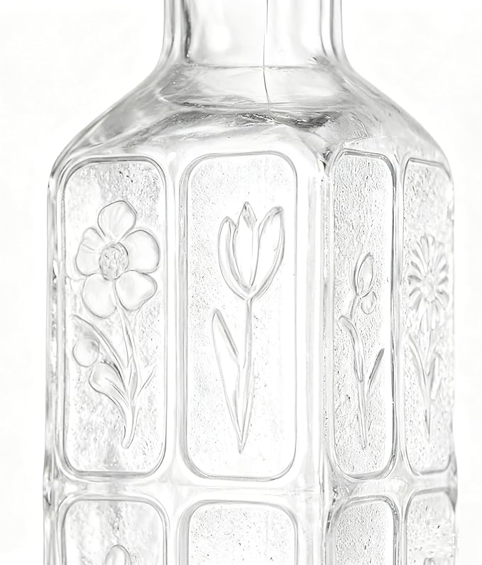 Glass Olive Oil Bottle Dispenser with Stainless Steel Nozzle Plug, 500ml Flowers Bouquet Embossed Square Oil and Vinegar Cruet, Decorative Oil Dispensers Carafe Decanter for Kitchen, 16.9 oz(Colorful)
