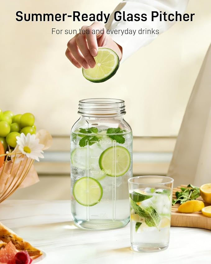 64 oz Glass Pitcher with Lid, Large Wide Mouth Mason Jar with Pour Spout, Green Sun Tea Glass Jar for Outside, Drink Pitcher Great for Drink, Cold Beverages and Breast Milk
