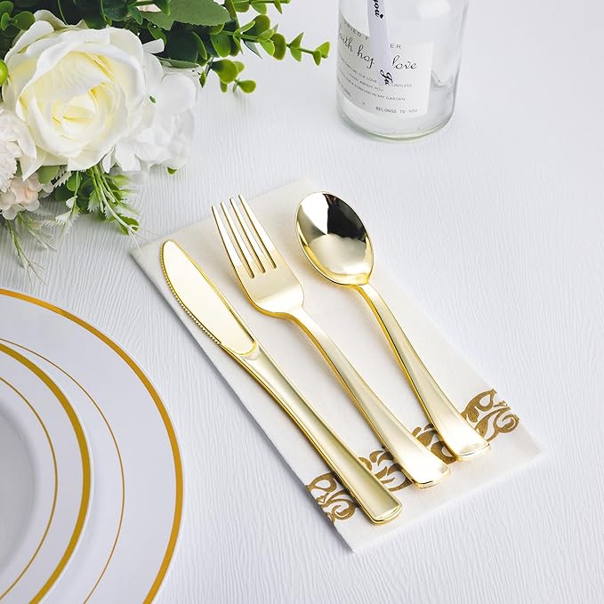 N9R 200PCS Plastic Silverware Set, Heavy Duty Spoons and Forks Silver Plastic Cutlery Including 100pcs Forks, 50pcs Spoons, 50pcs Knives, Disposable Silverware for Party,Wedding, and Everyday Use