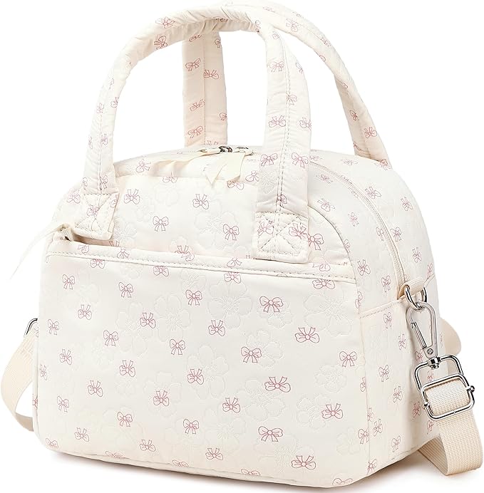 LEDAOU Lunch Box for Women Lunch Bag Insulated Lunch Box with Adjustable Strap Reusable LunchBox for Work School Picnic Travel (Bow-Flower)