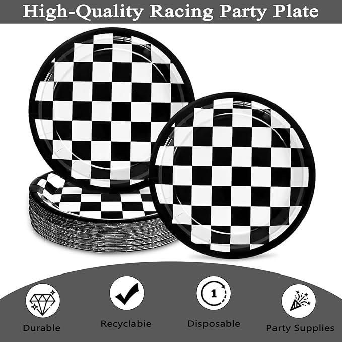 48 Pcs 7" Black Checkered Paper Plates Light Black & White Gingham Flag Party Plates, Plaid Dessert Table Supplies for Race Car BBQ Gathering Picnic Baby Shower Birthday Dinner Party Decorations