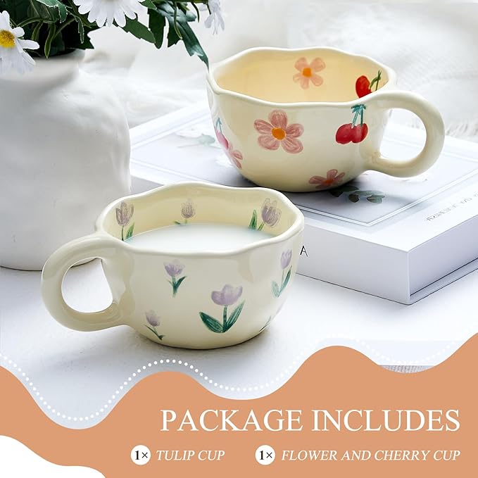 Vesici 2 Pcs Ceramic Coffee Mugs with Spoon, Vintage Floral Spring Mugs with Handle, 8.5 oz Aesthetic Flower Porcelain Tea Cup Set, Dishwasher & Microwave Safe for Home Office Gift(Cherry)
