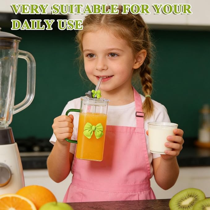 13Oz Square Glass Cups with Lids and Straws，Heat Resistant Glass Tumbler with Handle Bow Knot Transparent Drinking Glasses for Water,Juice,Iced Coffee,Milk,Tea (green)