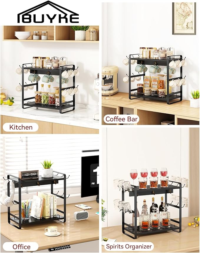 IBUYKE Coffee Bar Station Countertop Organizer,2 Tier Kitchen Mug Cup Holder Stand,Wooden Coffee Mug Organizer with 18 Hooks,Multifunctional Mug Tree for Home Kitchen, Office,Black UTBJ006B