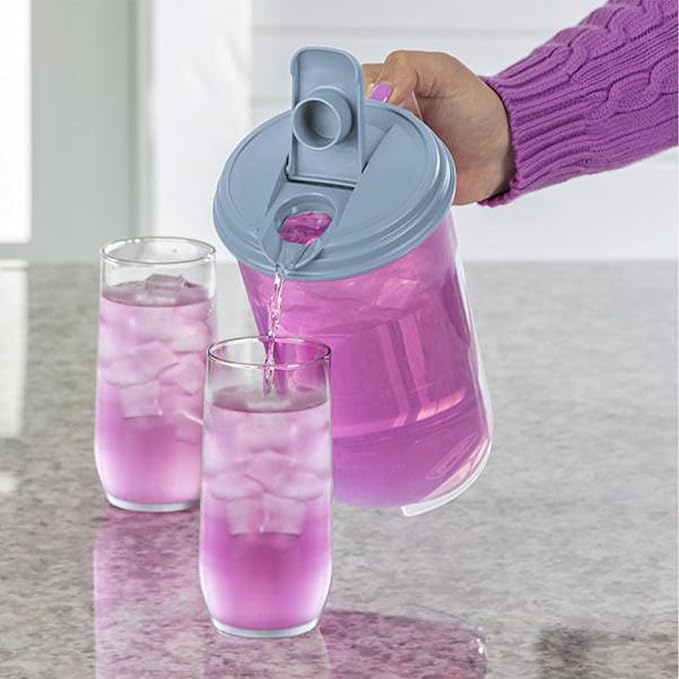 Sterilite 2 Quart Clear Round Plastic Pitcher, Dishwasher Proof with Blue Lid, Spout, and Handle for Easy Pouring, Washed Blue, 6-Pack