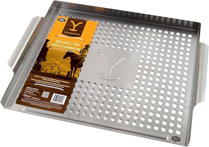 Proud Grill Company Yellowstone BBQ Grill Pan - Stainless Steel Topper, Grilling Tray for Veggies, Seafood & Meat, Outdoor Cooking Pan, Smoker Tray Gifts for Men, Heavy Duty BBQ Accessories - Silver